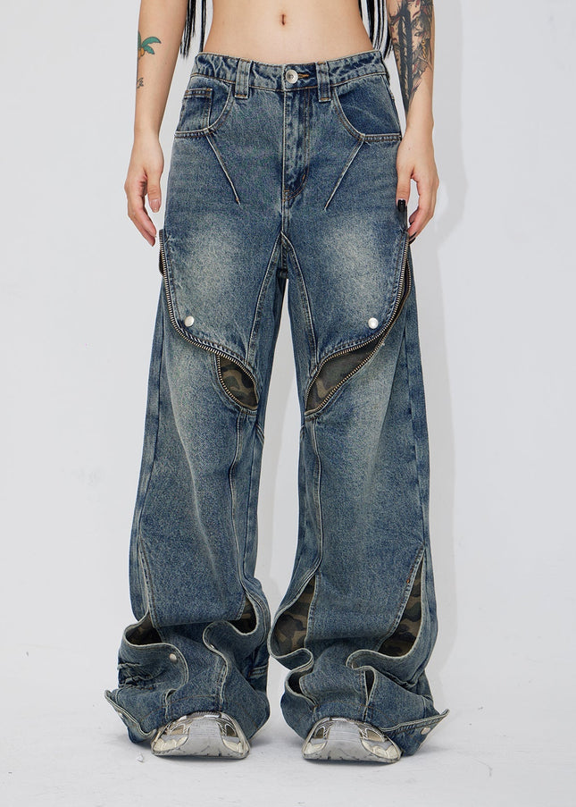 Camo Distressed Loose Wide Leg Jeans - Men’s Jeans