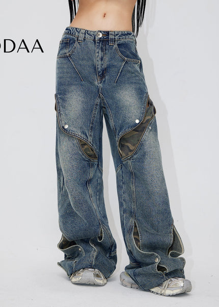 Camo Distressed Loose Wide Leg Jeans - Men’s Jeans