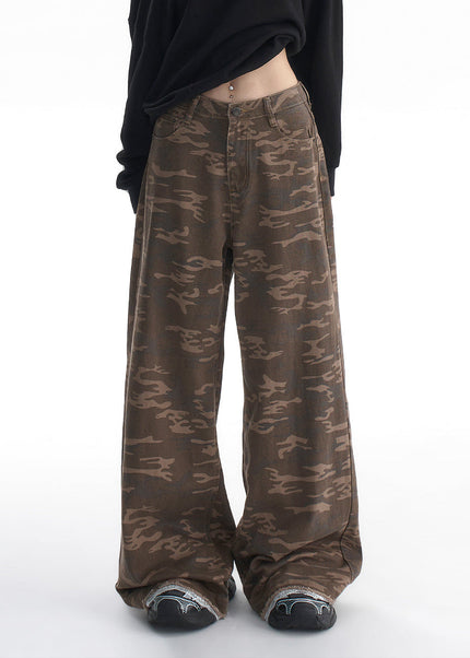 Camo Lace Side Straight Wide-Leg Jeans for Women - Women’s Jeans