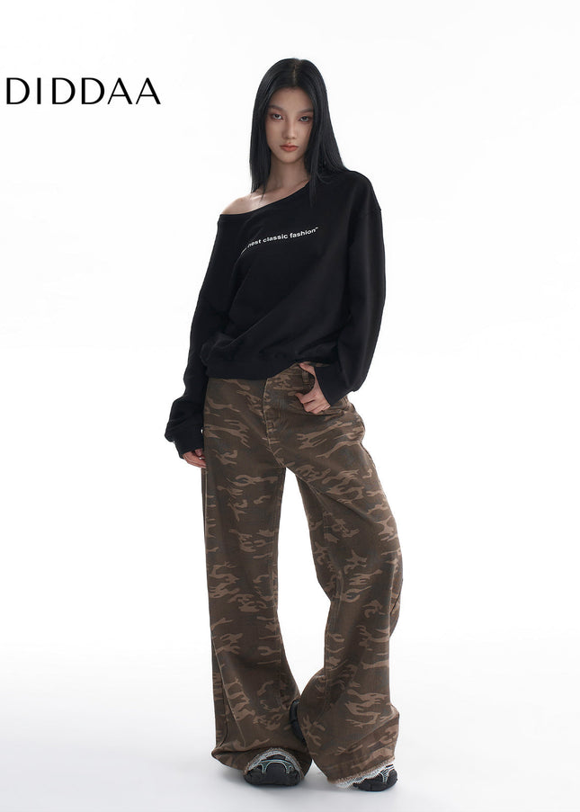 Camo Lace Side Straight Wide-Leg Jeans for Women - Women’s Jeans