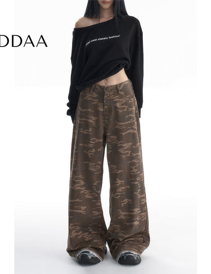 Camo Lace Side Straight Wide-Leg Jeans for Women - XS / Camouflage - Women’s Jeans