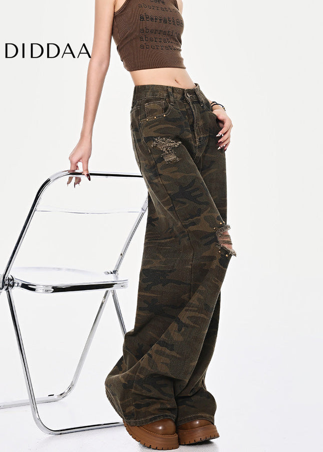 Camo Ripped High Waist Loose Jeans for Women - Women’s Jeans