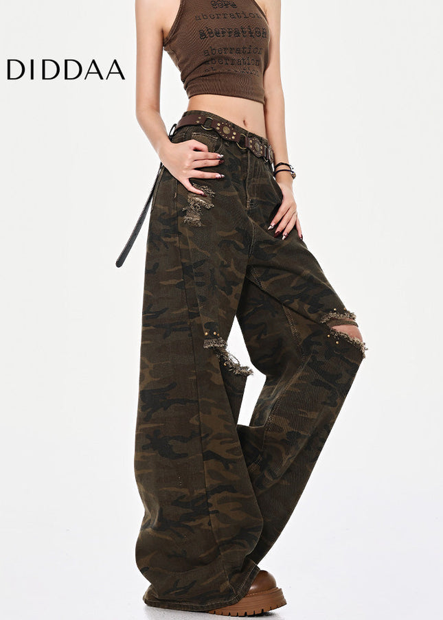 Camo Ripped High Waist Loose Jeans for Women - Women’s Jeans
