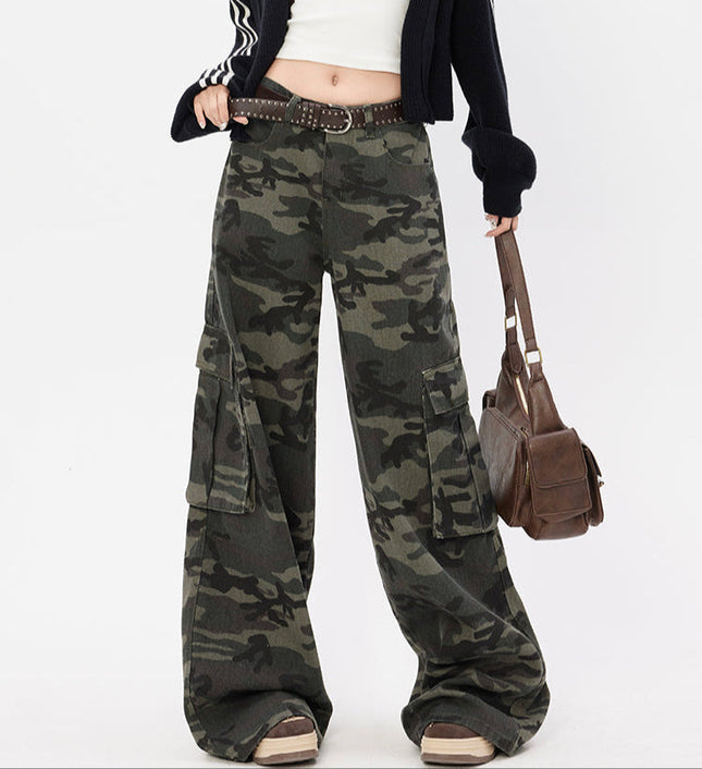 Camouflage Big Pocket High Waist Cargo Jeans - Women’s Jeans