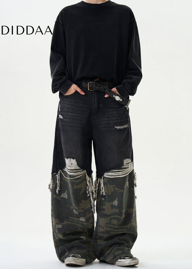 Camouflage Loose Fit Stitching Jeans for Men and Women - Men’s Jeans