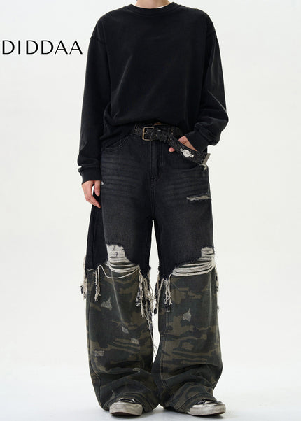 Camouflage Loose Fit Stitching Jeans for Men and Women - Men’s Jeans