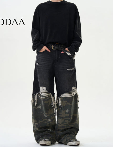 Camouflage Loose Fit Stitching Jeans for Men and Women - S / Black - Men’s Jeans