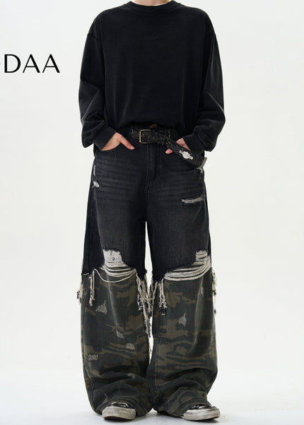 Camouflage Loose Fit Stitching Jeans for Men and Women - S / Black - Men’s Jeans