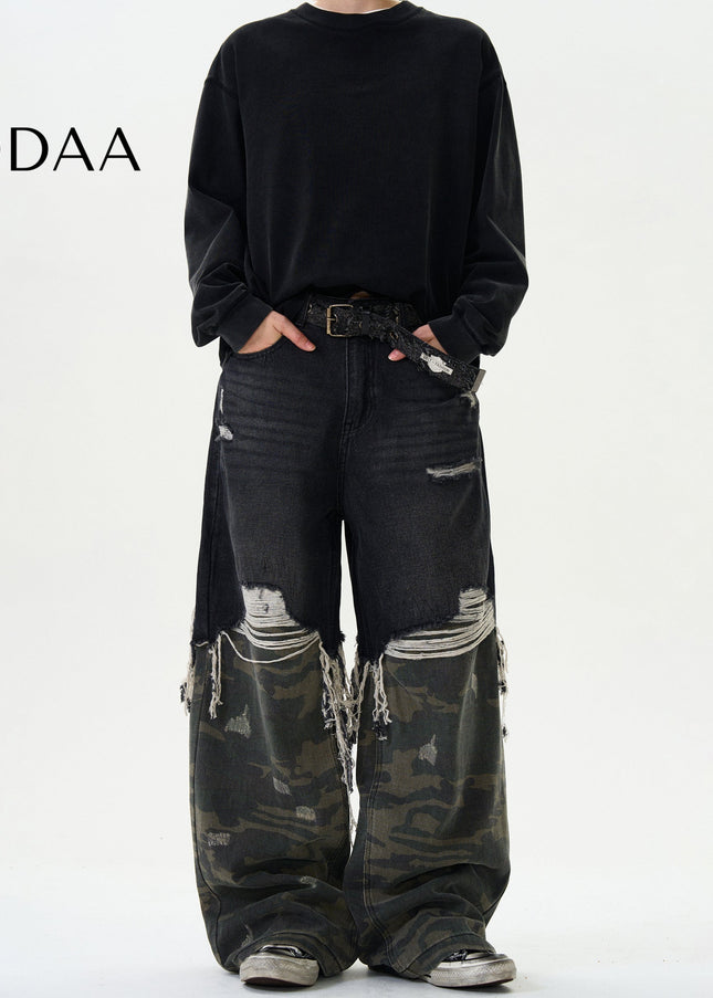 Camouflage Loose Fit Stitching Jeans for Men and Women - S / Black - Men’s Jeans
