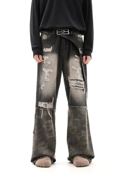 Camouflage Ripped Embroidery Jeans Men’s Wasteland Trousers - Men’s Jeans