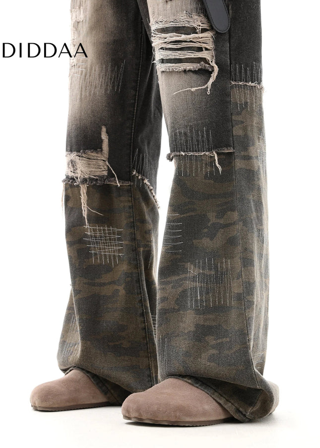 Camouflage Ripped Embroidery Jeans Men’s Wasteland Trousers - Men’s Jeans