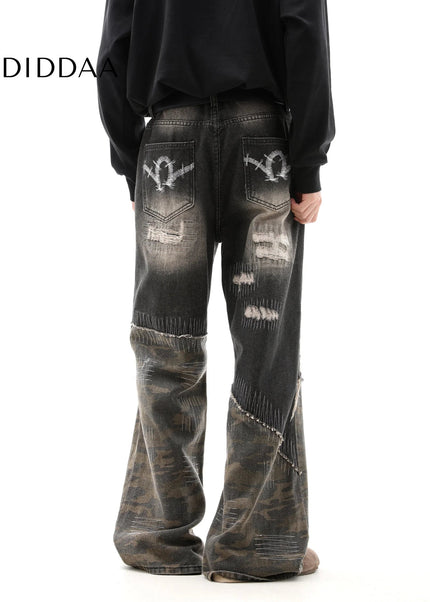 Camouflage Ripped Embroidery Jeans Men’s Wasteland Trousers - Men’s Jeans