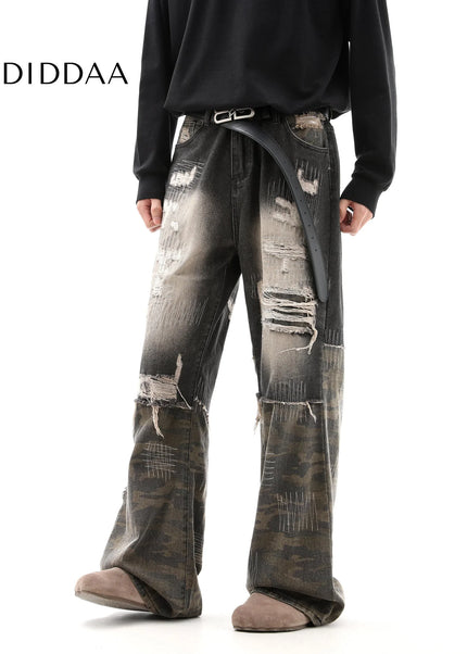 Camouflage Ripped Embroidery Jeans Men’s Wasteland Trousers - Men’s Jeans
