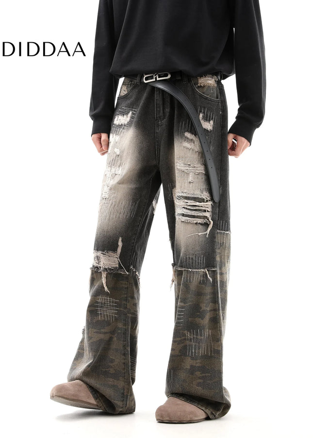Camouflage Ripped Embroidery Jeans Men’s Wasteland Trousers - Men’s Jeans