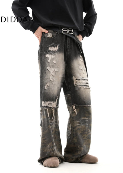 Camouflage Ripped Embroidery Jeans Men’s Wasteland Trousers - Men’s Jeans
