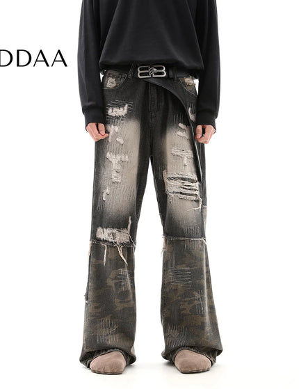 Camouflage Ripped Embroidery Jeans Men’s Wasteland Trousers - S / Black - Men’s Jeans