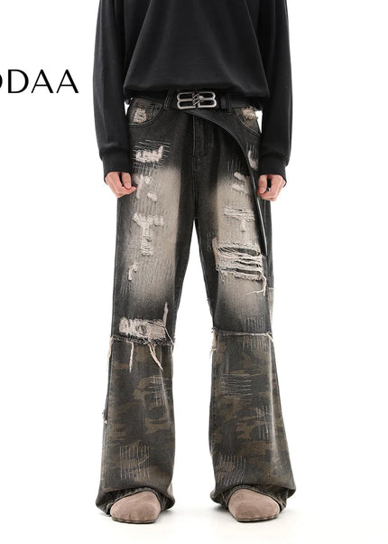 Camouflage Ripped Embroidery Jeans Men’s Wasteland Trousers - S / Black - Men’s Jeans