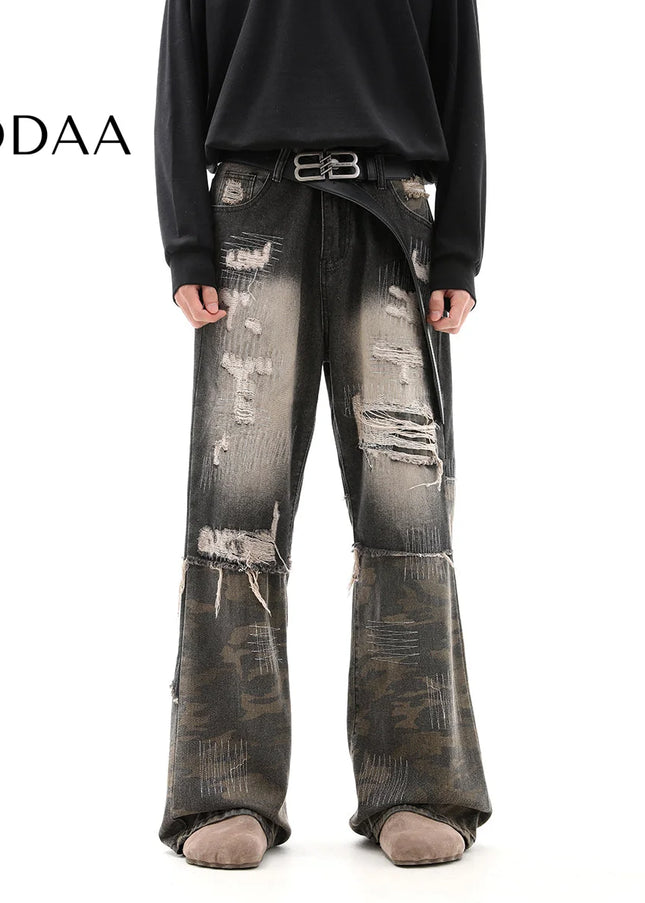 Camouflage Ripped Embroidery Jeans Men’s Wasteland Trousers - S / Black - Men’s Jeans