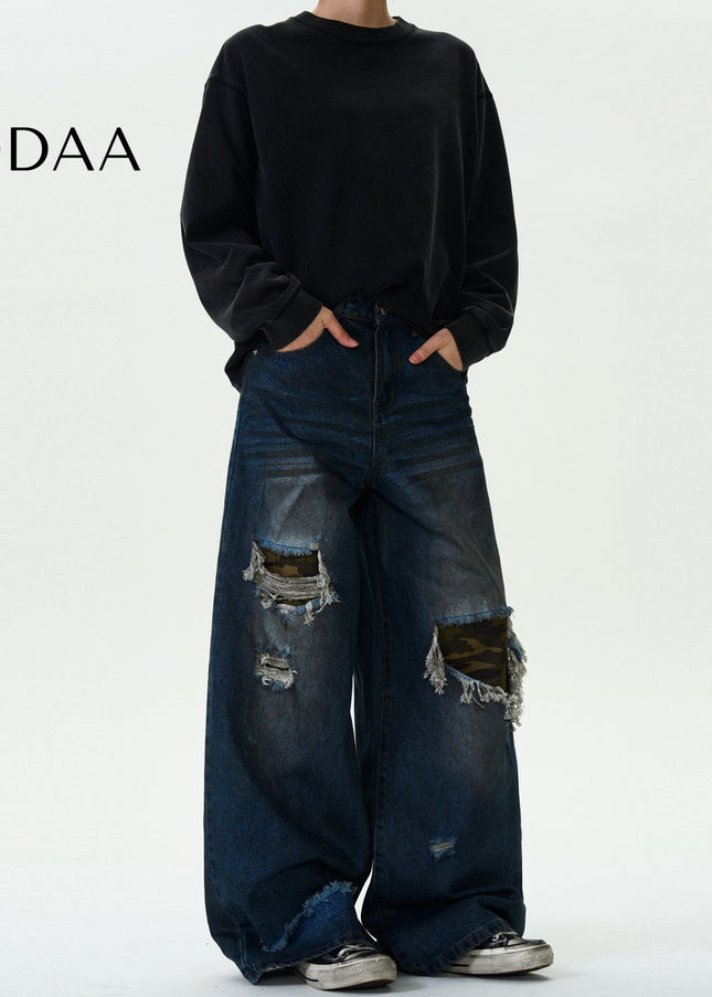 Camouflage Ripped Patch Jeans for Men and Women - S / Dark Blue - Men’s Jeans