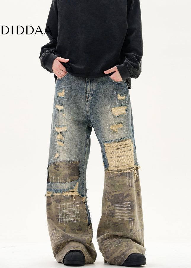 Camouflage Stitched Ripped Jeans with Vintage Embroidery - Men’s Jeans