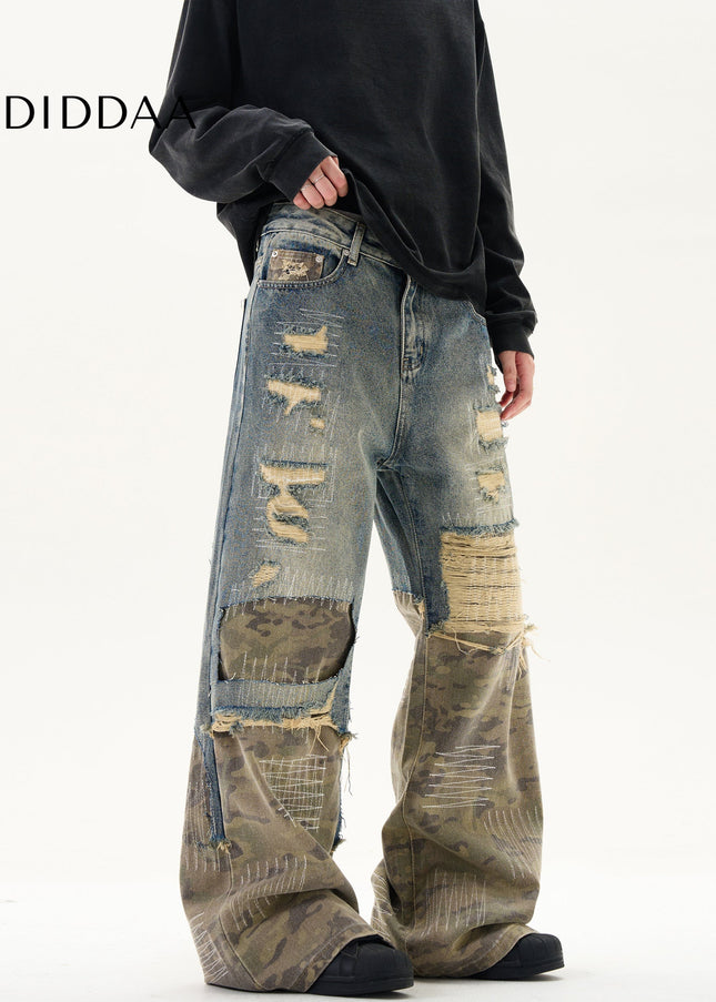 Camouflage Stitched Ripped Jeans with Vintage Embroidery - Men’s Jeans