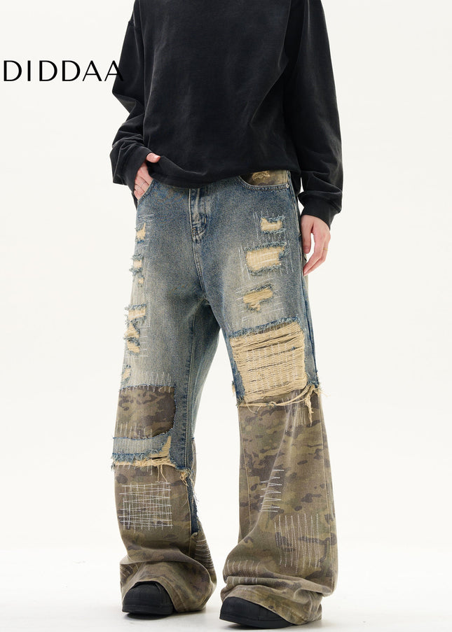 Camouflage Stitched Ripped Jeans with Vintage Embroidery - Men’s Jeans