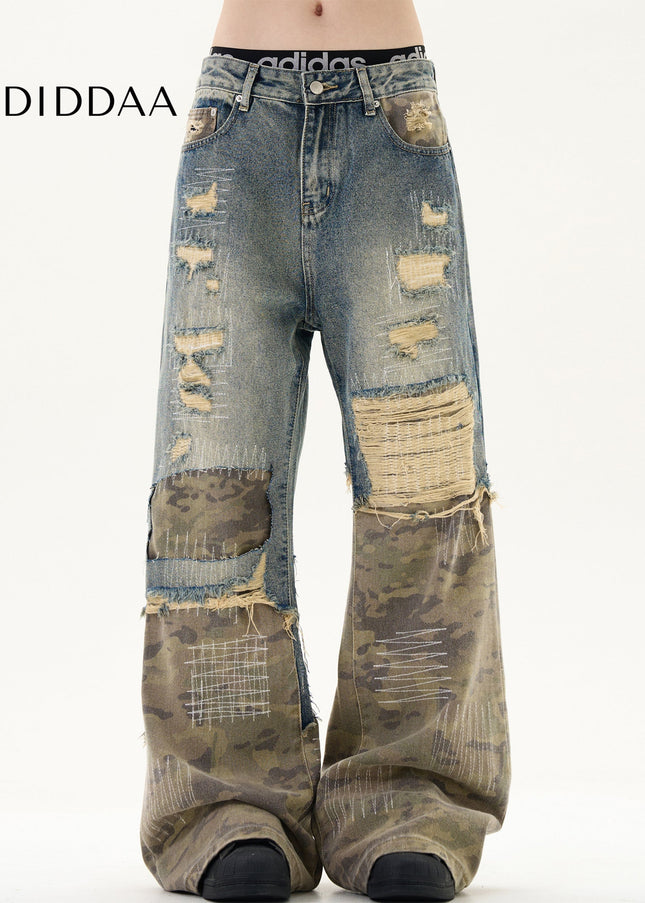 Camouflage Stitched Ripped Jeans with Vintage Embroidery - Men’s Jeans