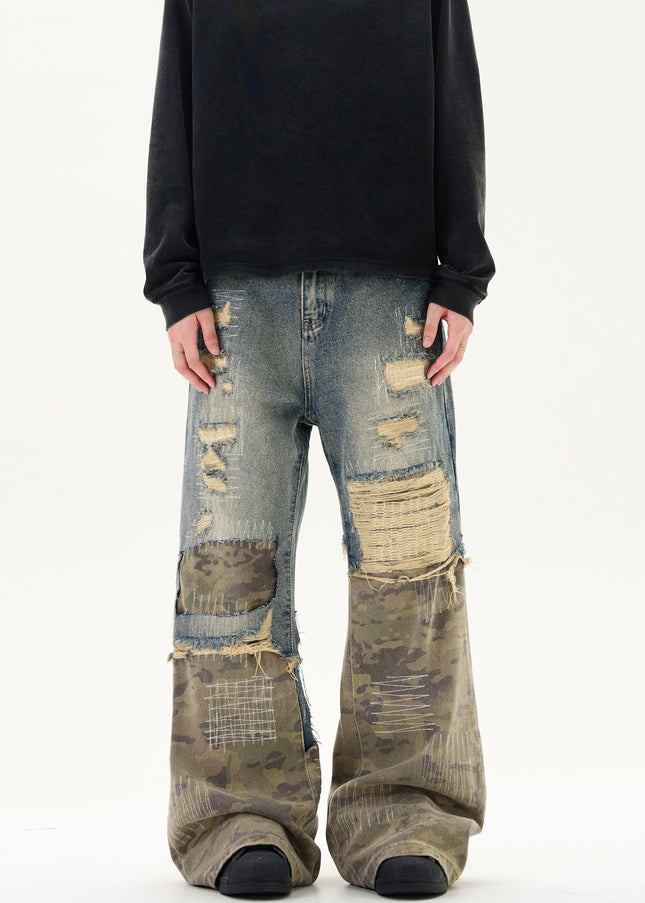 Camouflage Stitched Ripped Jeans with Vintage Embroidery - Men’s Jeans