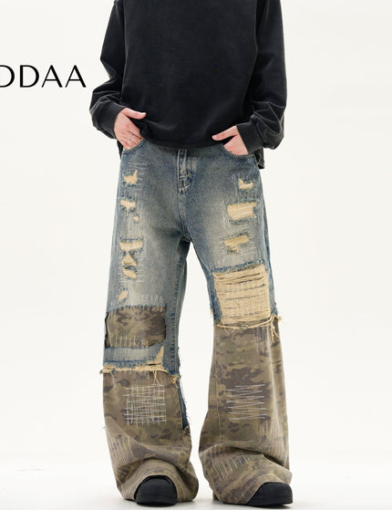 Camouflage Stitched Ripped Jeans with Vintage Embroidery - S / Mid Blue - Men’s Jeans