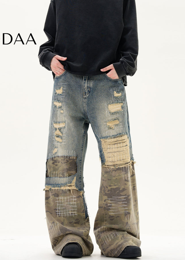 Camouflage Stitched Ripped Jeans with Vintage Embroidery - S / Mid Blue - Men’s Jeans