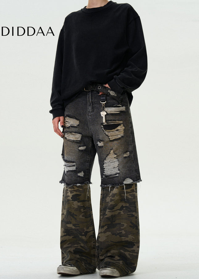Camouflage Stitched Ripped Loose Jeans for Men and Women - Men’s Jeans