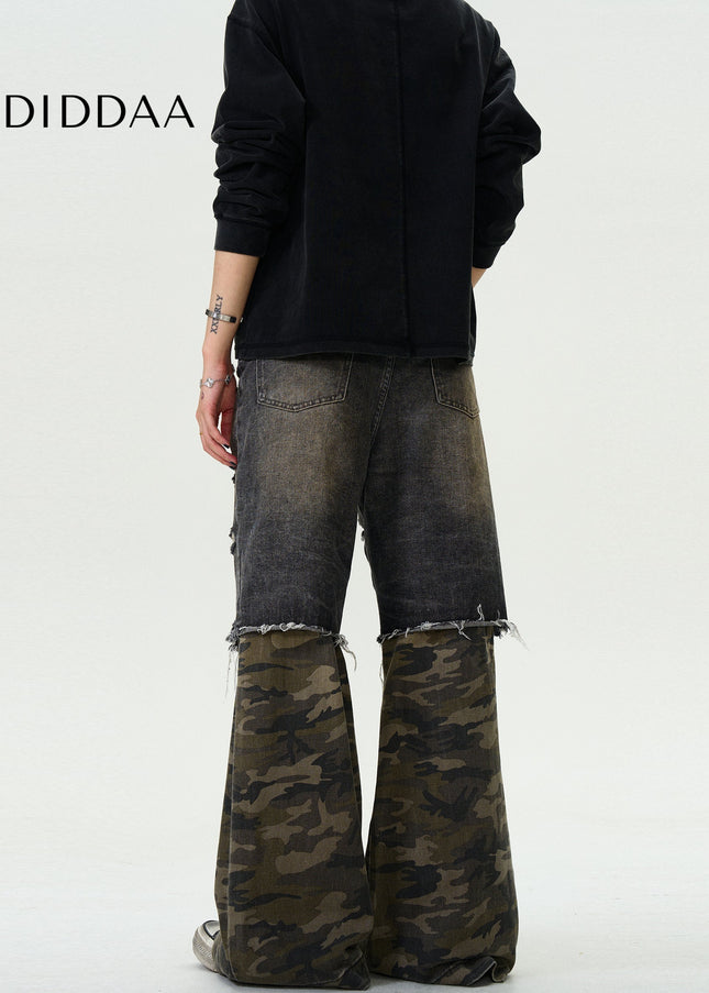Camouflage Stitched Ripped Loose Jeans for Men and Women - Men’s Jeans