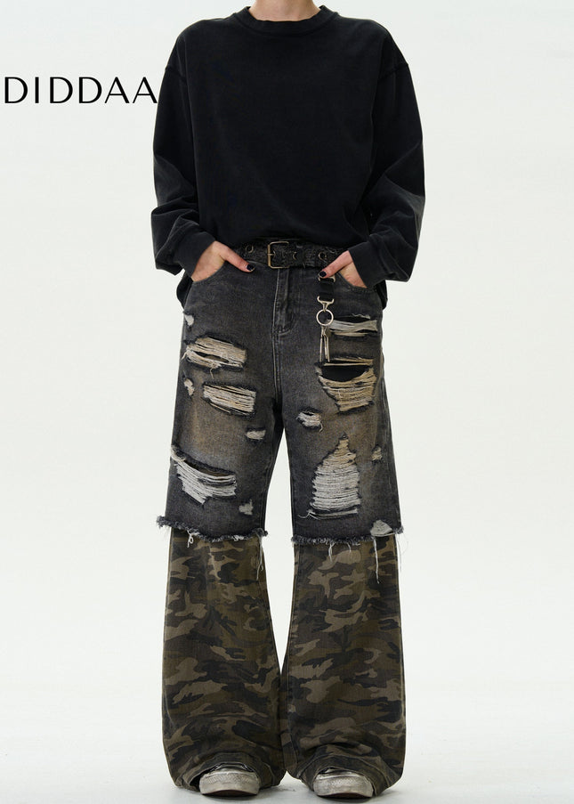 Camouflage Stitched Ripped Loose Jeans for Men and Women - Men’s Jeans