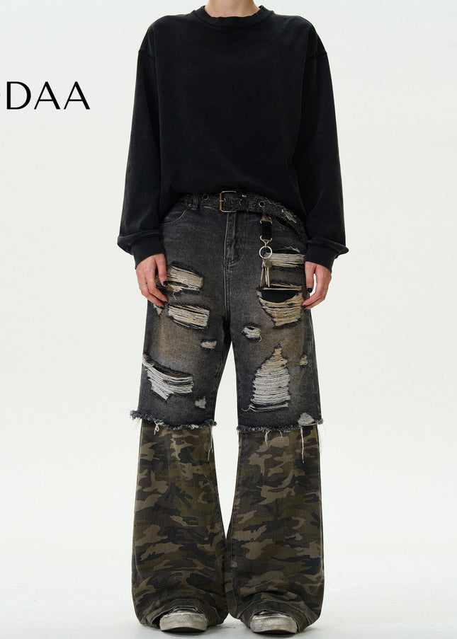 Camouflage Stitched Ripped Loose Jeans for Men and Women - S / Black - Men’s Jeans