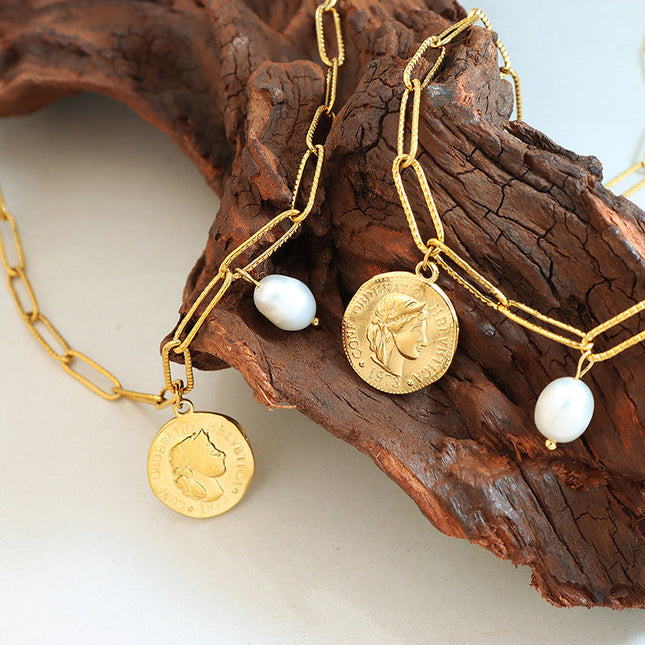 Trendy hip-hop retro classic portrait medallion freshwater pearl pearl pendant necklace cross-border hot-selling jewelry