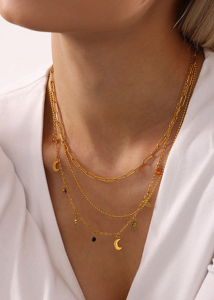 Mysterie multicolor rhinestone tassel moon clavicle necklace plated 18K real gold stainless steel niche new wild accessories