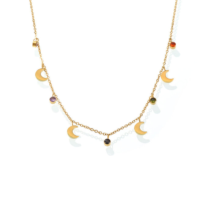 Mysterie multicolor rhinestone tassel moon clavicle necklace plated 18K real gold stainless steel niche new wild accessories