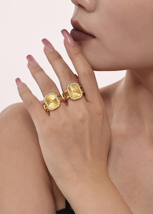 Mystery ins stainless steel batch flower micro inlay zircon ring opening adjustable super flash aura ring jewelry women