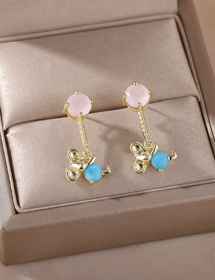 House of Shakespeare Blue 14K Gold Plated, Zirconia Earrings Cartoon Earrings | Gold Purple Stone Zirconia Hanging Bear Drop Earrings