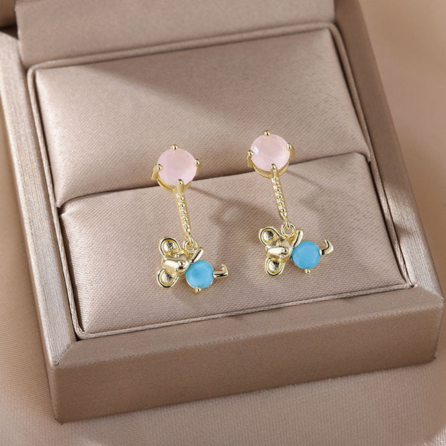 House of Shakespeare Blue 14K Gold Plated, Zirconia Earrings Cartoon Earrings | Gold Purple Stone Zirconia Hanging Bear Drop Earrings