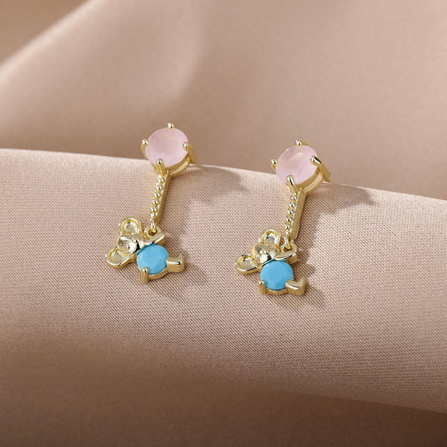 House of Shakespeare 14K Gold Plated, Zirconia Earrings Cartoon Earrings | Gold Purple Stone Zirconia Hanging Bear Drop Earrings