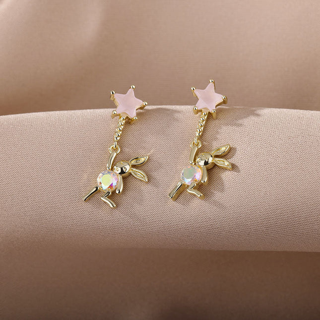 House of Shakespeare 14K Gold Plated, Zirconia Earrings Cartoon Earrings | Gold Purple Stone Zirconia Hanging Bear Drop Earrings