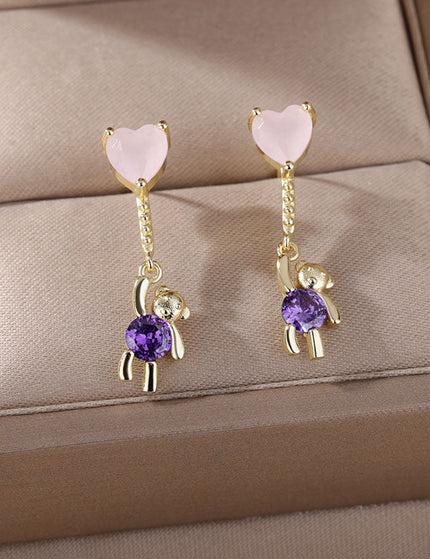 House of Shakespeare Purple 14K Gold Plated, Zirconia Earrings Cartoon Earrings | Gold Purple Stone Zirconia Hanging Bear Drop Earrings