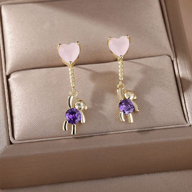 House of Shakespeare Purple 14K Gold Plated, Zirconia Earrings Cartoon Earrings | Gold Purple Stone Zirconia Hanging Bear Drop Earrings