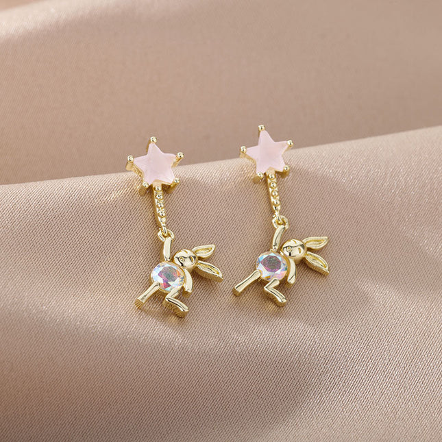 House of Shakespeare 14K Gold Plated, Zirconia Earrings Cartoon Earrings | Gold Purple Stone Zirconia Hanging Bear Drop Earrings