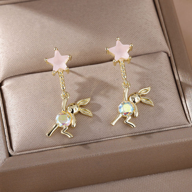 House of Shakespeare Gold 14K Gold Plated, Zirconia Earrings Cartoon Earrings | Gold Purple Stone Zirconia Hanging Bear Drop Earrings