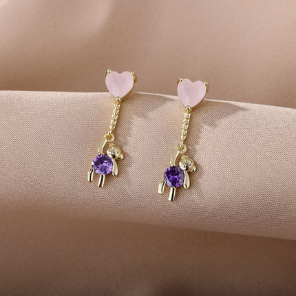 House of Shakespeare 14K Gold Plated, Zirconia Earrings Cartoon Earrings | Gold Purple Stone Zirconia Hanging Bear Drop Earrings