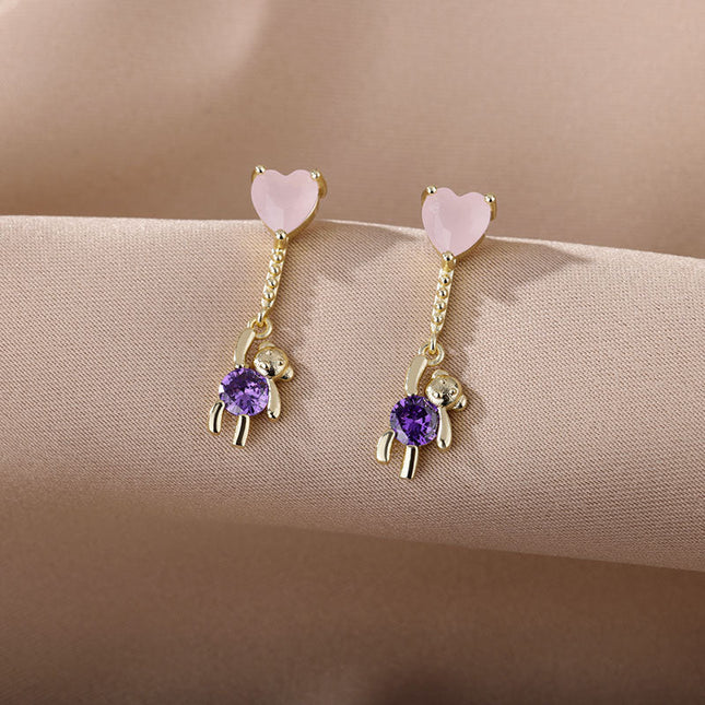 House of Shakespeare 14K Gold Plated, Zirconia Earrings Cartoon Earrings | Gold Purple Stone Zirconia Hanging Bear Drop Earrings
