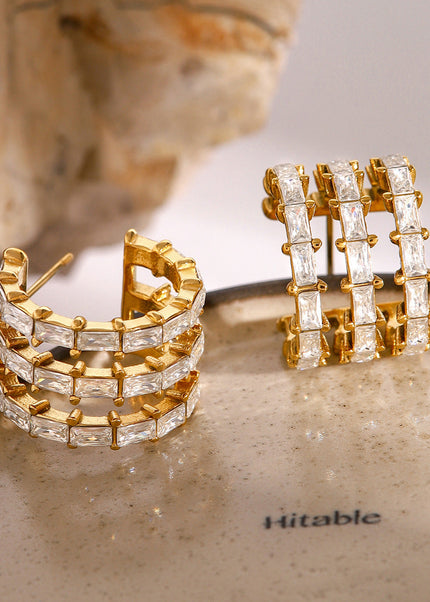 Jieding European and American stainless steel zircon earrings high-end ins cross-border jewelry titanium steel C-shaped earrings do not fade stud earrings