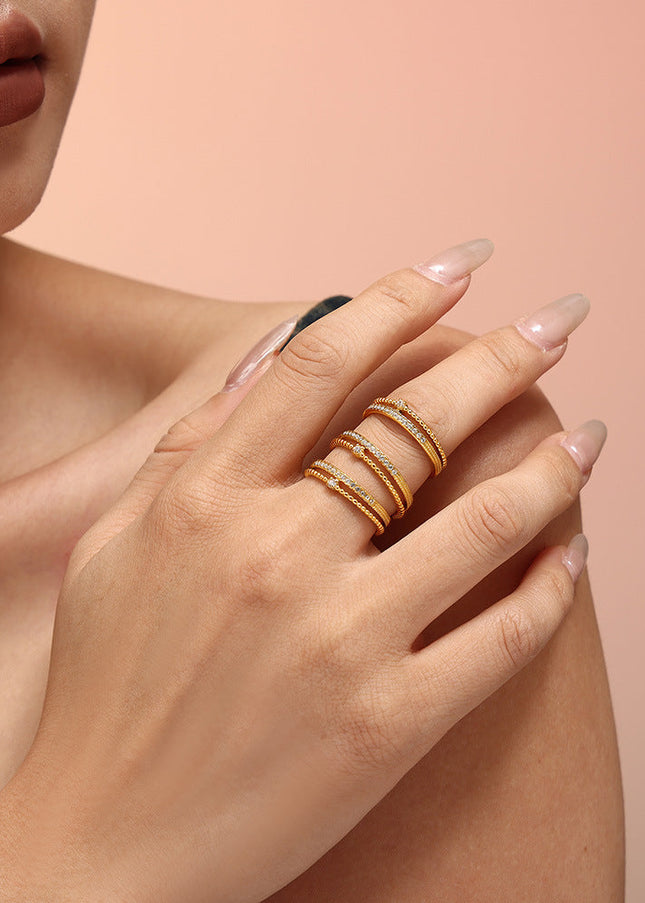 Niche ins-style ring with double cast opening 3A super flash zircon ring titanium steel plated 18k gold adjustable ring